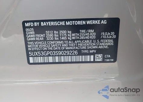 2025 BMW X3 30 xDrive из США, поврежденный, VIN 5UX53GP03S9029226